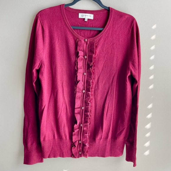 Jones New York Raspberry Ruffle Front Cardigan Button Up Sweater - Picture 2 of 3